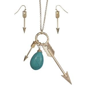 Turquoise Stone Arrow Long Necklace Earrings Set